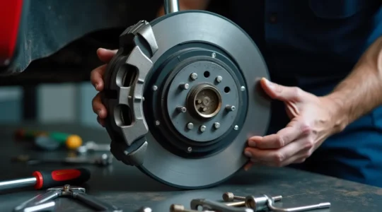 Mécanicien professionnel changeant des plaquettes de frein avant sur un véhicule en garage