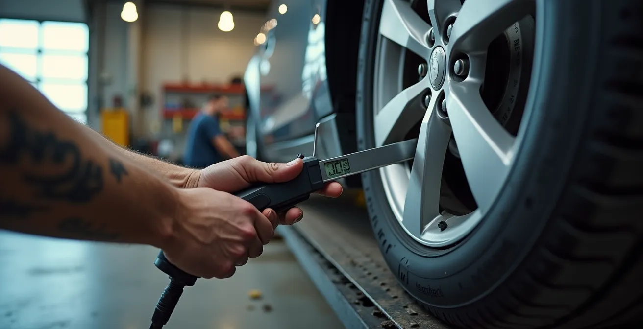 Main utilisant une jauge de profondeur sur un pneu