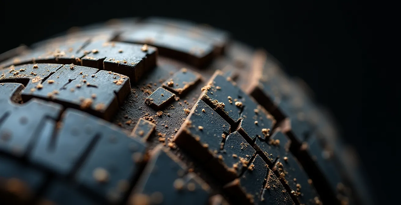 Vue macro de la structure interne d'un pneu montrant le vieillissement de la gomme