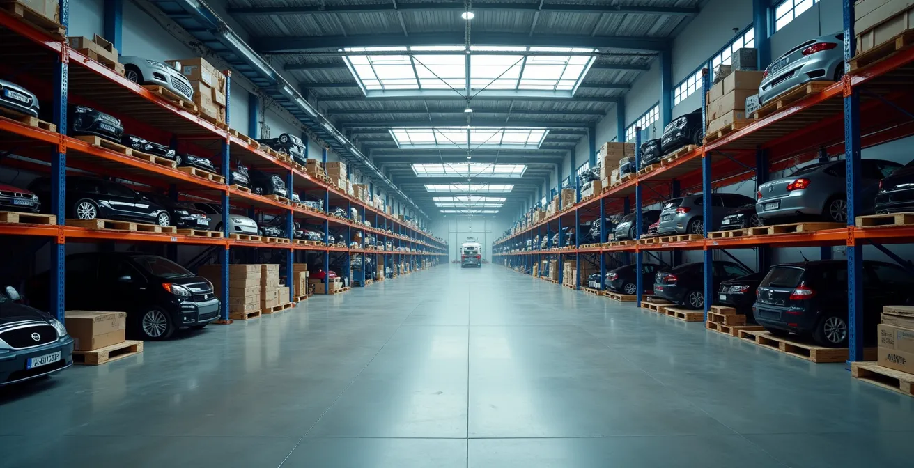 Rangement méthodique de pièces automobiles prêtes à la revente